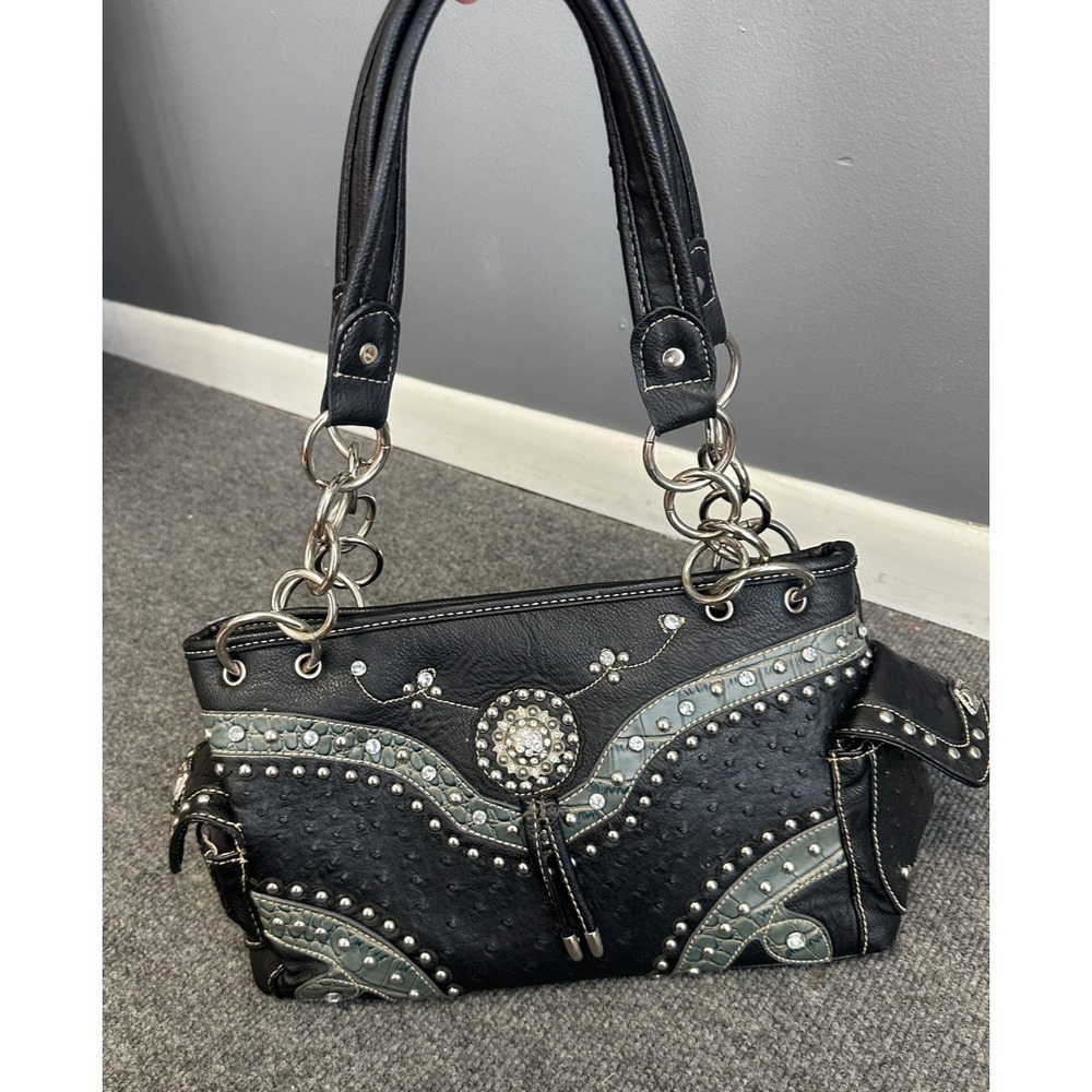 Vintage Y2K Haley Beez Western Bling Rhinestone Studded Faux Ostrich Bag Purse